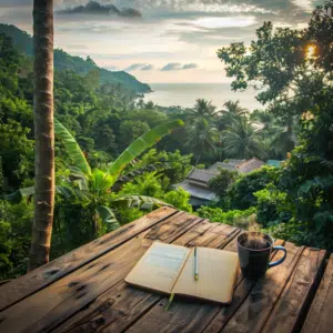 A serene panorama of Koh Phangan featuring a secluded villa surrounded by the lush jungle, with a deck overlooking the ocean where creative work flourishes in the morning light